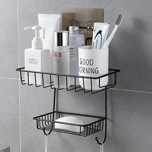 2 Layer Multipurpose Wall Rack, Kitchen Bathroom Corner Shelf Organizer, Bathroom Shower Caddy Basket, Soap Dish Holder Shelf With Hooks, Hanging Shower Caddy Rack, Self Adhesive Storage Organizer 2 Layer Multipurpose Wall Rack, Kitchen Bathroom Corner Shelf Organizer, Bathroom Shower Caddy Basket, Soap Dish Holder Shelf With Hooks, Hanging Shower Caddy Rack, Self Adhesive Storage Organizer